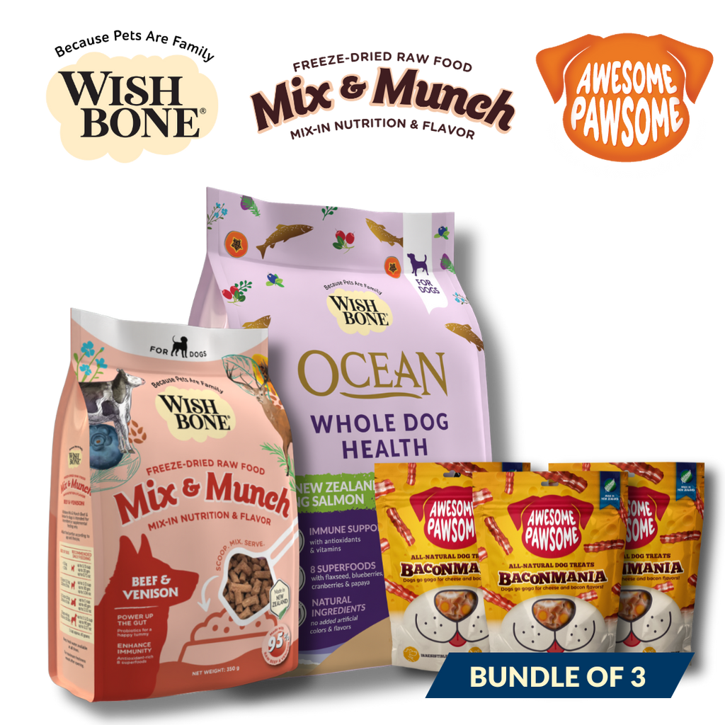 Wishbone Bundle of Dry Dog Food, Mix & Munch Freeze-Dried Raw Topper and Awesome Pawsome Treats